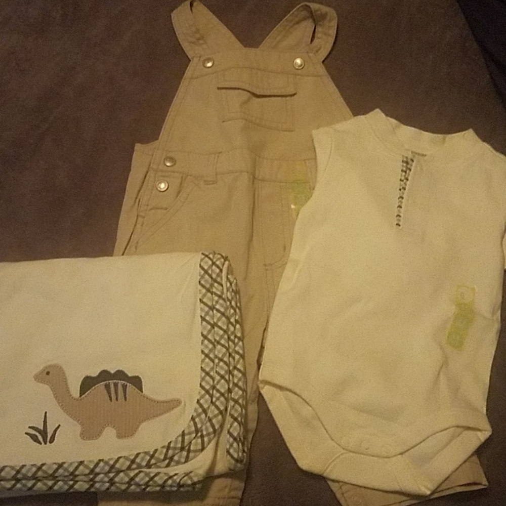 3-6 Month Dinasour Overalls, onesie and blanket